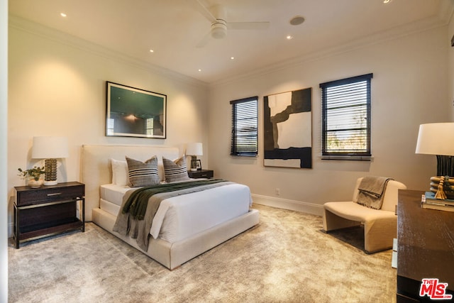 bedroom featuring light carpet, ceiling fan, and ornamental molding