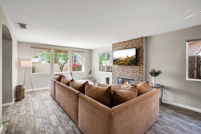 living room with a fireplace and hardwood / wood-style flooring