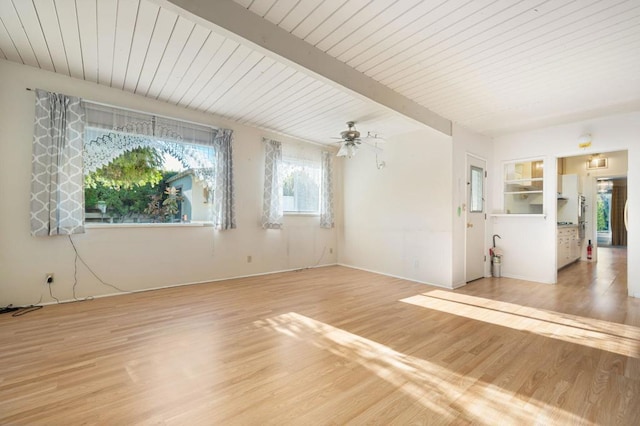 empty room featuring ceiling fan, beam ceiling, and light wood-type flooring