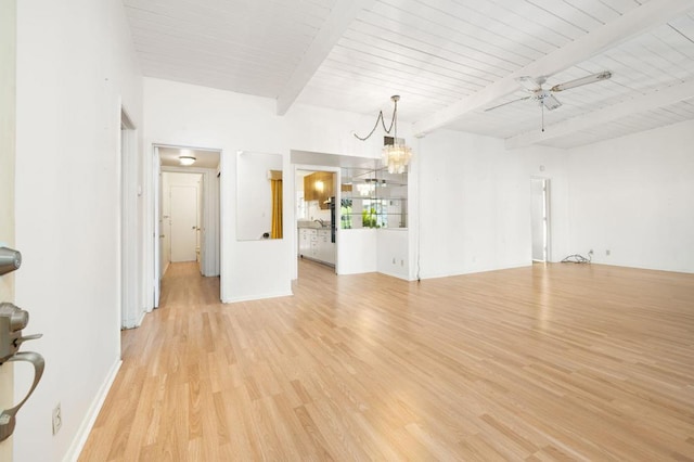 unfurnished living room with ceiling fan with notable chandelier, wooden ceiling, light hardwood / wood-style flooring, and beam ceiling