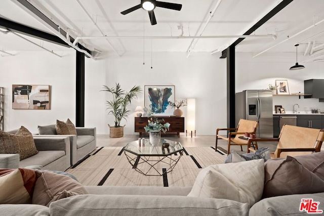 living room with ceiling fan