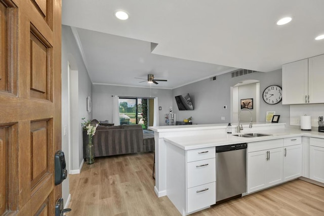 kitchen featuring ceiling fan, stainless steel dishwasher, kitchen peninsula, sink, and white cabinets