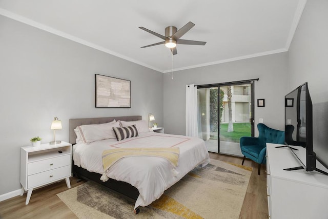 bedroom featuring ceiling fan, access to exterior, ornamental molding, and light wood-type flooring