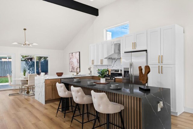 kitchen with appliances with stainless steel finishes, tasteful backsplash, high vaulted ceiling, white cabinets, and wall chimney range hood