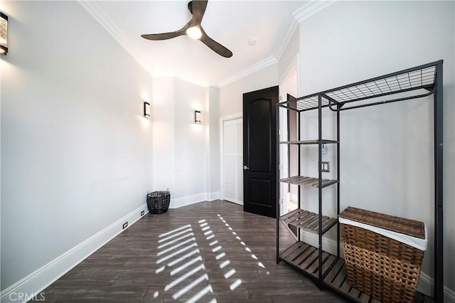 hallway featuring dark wood-type flooring and ornamental molding