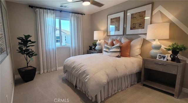 carpeted bedroom with ceiling fan