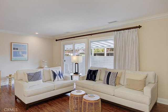 living room featuring crown molding and dark hardwood / wood-style floors