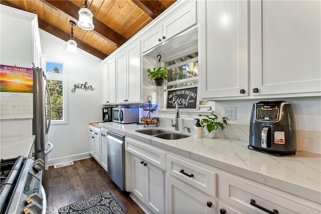 kitchen featuring wood ceiling, hanging light fixtures, stainless steel dishwasher, white cabinets, and sink