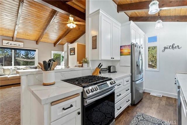 kitchen with white cabinets, wood ceiling, stainless steel appliances, and dark hardwood / wood-style floors