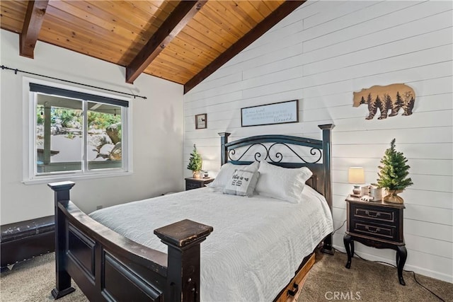 carpeted bedroom with wooden ceiling, lofted ceiling with beams, and wooden walls