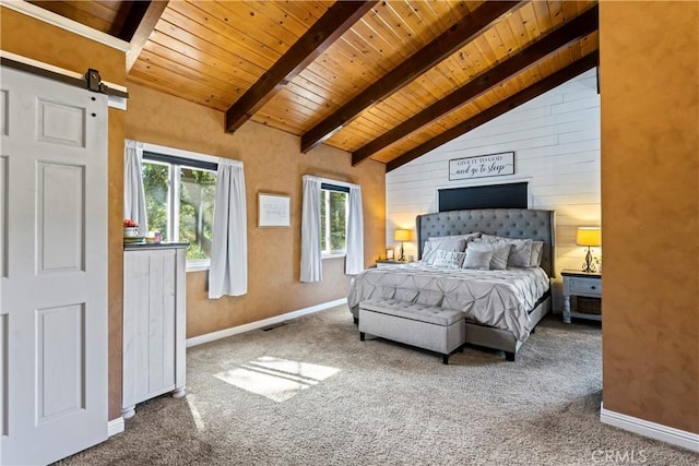 bedroom with carpet floors, wooden ceiling, lofted ceiling with beams, and a barn door