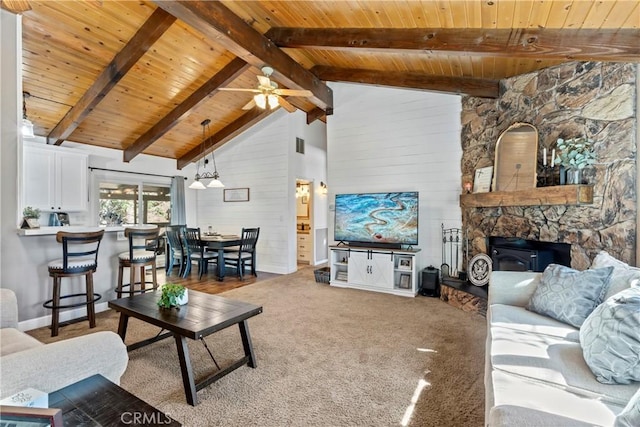 living room featuring ceiling fan, beamed ceiling, wood ceiling, a stone fireplace, and high vaulted ceiling