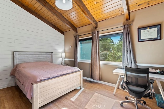 bedroom with light hardwood / wood-style floors, wooden ceiling, and lofted ceiling with beams