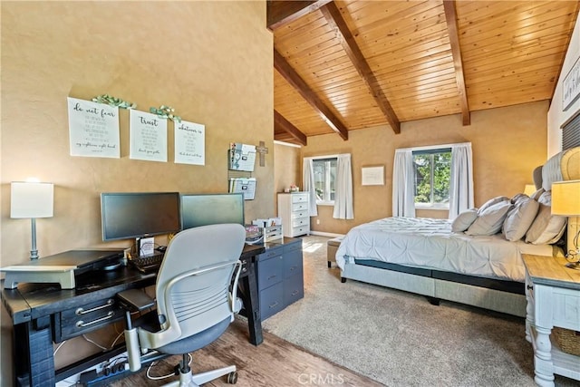 bedroom featuring beam ceiling, wood-type flooring, high vaulted ceiling, and wooden ceiling