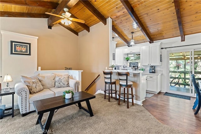 living room with lofted ceiling with beams, plenty of natural light, wood ceiling, and hardwood / wood-style flooring