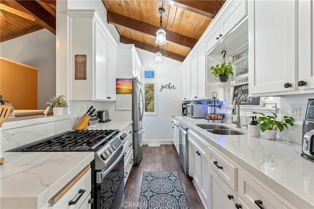 kitchen with vaulted ceiling with beams, sink, white cabinetry, wood ceiling, and appliances with stainless steel finishes