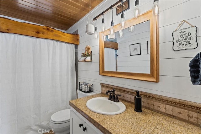 bathroom with toilet, vanity, wood walls, and wood ceiling