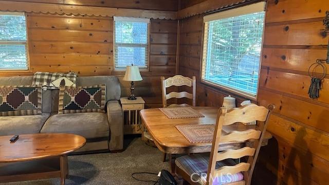 living area featuring carpet and wooden walls