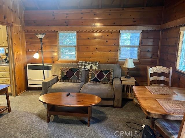 living area with carpet, heating unit, a wealth of natural light, and wooden walls