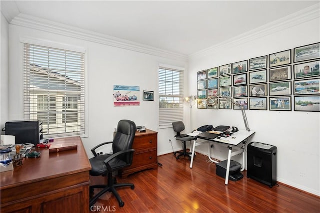 home office featuring dark wood-type flooring and crown molding