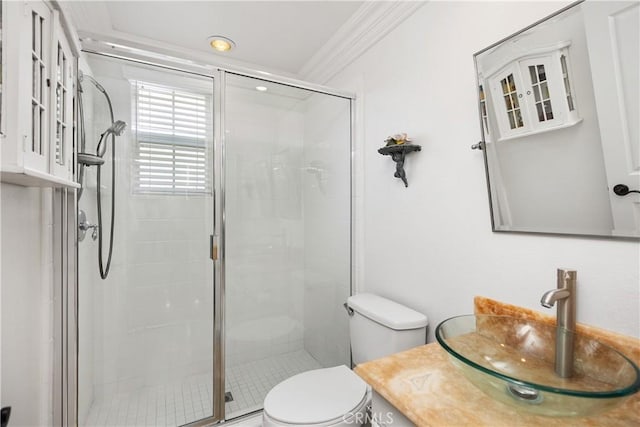 bathroom featuring toilet, vanity, a shower with door, and crown molding