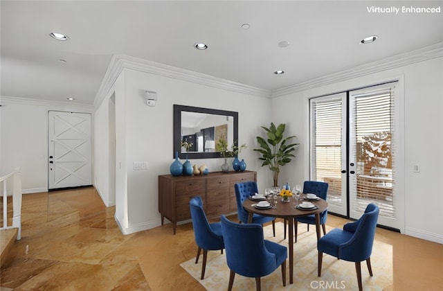 dining area featuring baseboards, ornamental molding, and recessed lighting