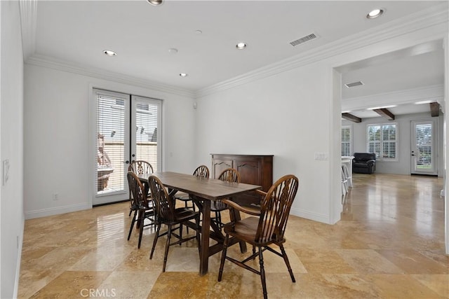 dining room featuring crown molding, recessed lighting, baseboards, and visible vents