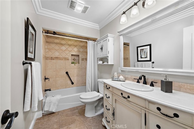 full bathroom featuring shower / tub combo, tile patterned flooring, ornamental molding, toilet, and vanity