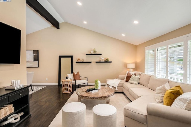 living room featuring vaulted ceiling with beams and hardwood / wood-style floors