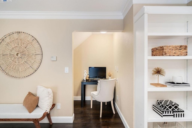 office area featuring crown molding and dark wood-type flooring