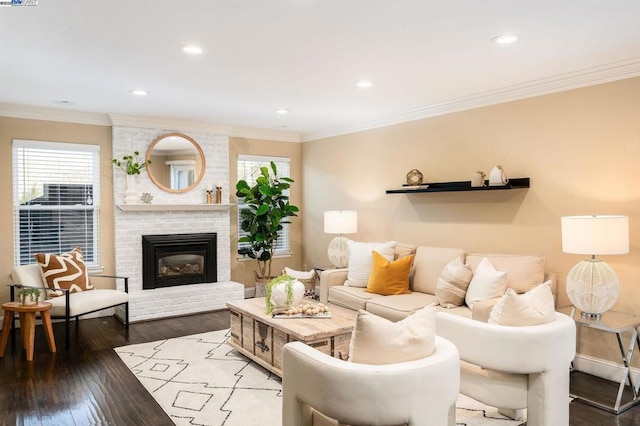 living room featuring a healthy amount of sunlight, wood-type flooring, a fireplace, and ornamental molding