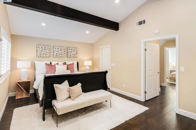 bedroom with dark wood-type flooring and lofted ceiling with beams