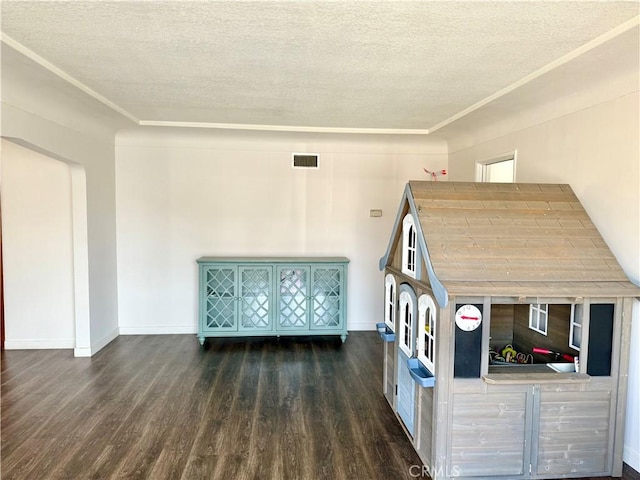 interior space with dark wood-type flooring and a textured ceiling