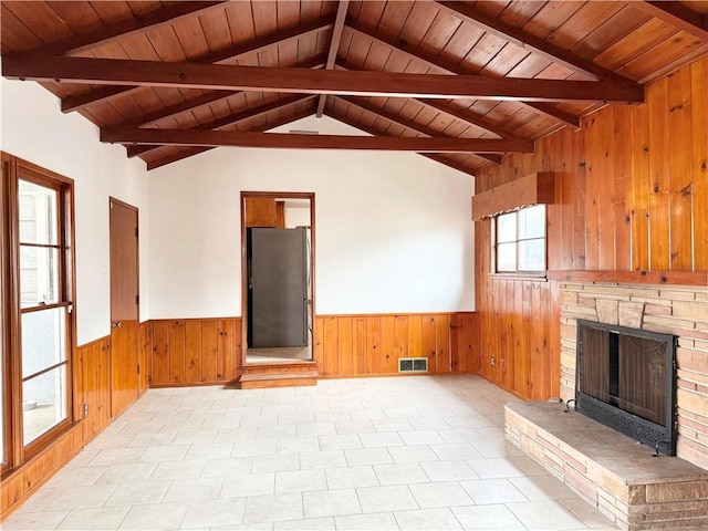 unfurnished living room featuring lofted ceiling with beams, a stone fireplace, wood ceiling, and wooden walls