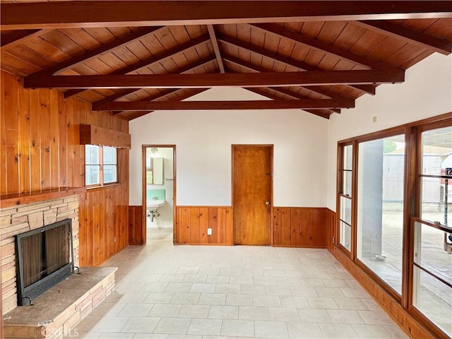 unfurnished living room featuring lofted ceiling with beams, wooden walls, wood ceiling, and a fireplace