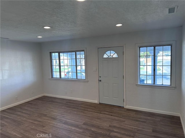 entryway featuring dark hardwood / wood-style floors, a wealth of natural light, and a textured ceiling