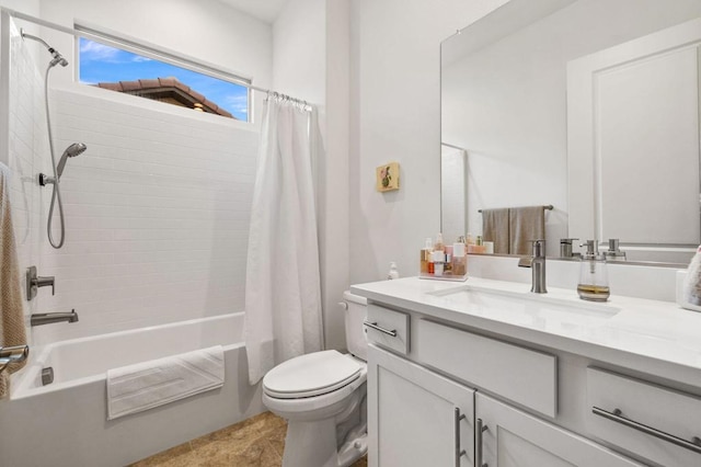 full bathroom with toilet, shower / tub combo, and vanity