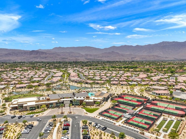 drone / aerial view featuring a mountain view