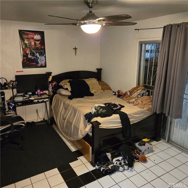 bedroom featuring ceiling fan and light tile patterned floors