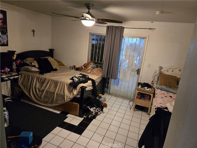 bedroom featuring ceiling fan and light tile patterned floors