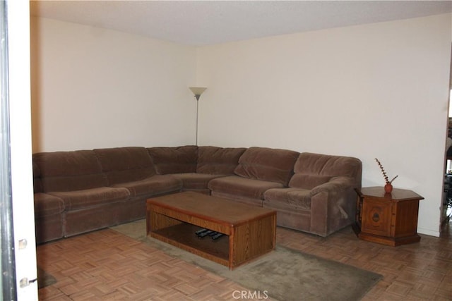 living room with parquet flooring