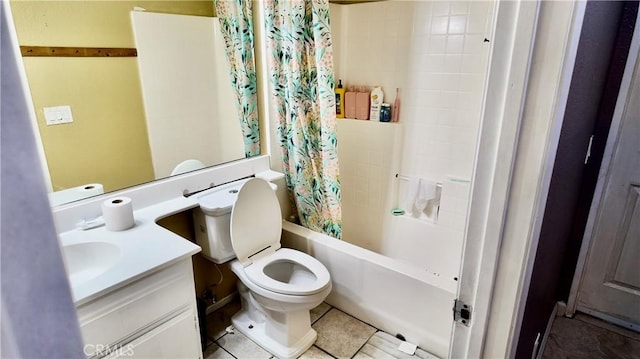 full bathroom featuring toilet, tile patterned flooring, shower / bathtub combination with curtain, and vanity