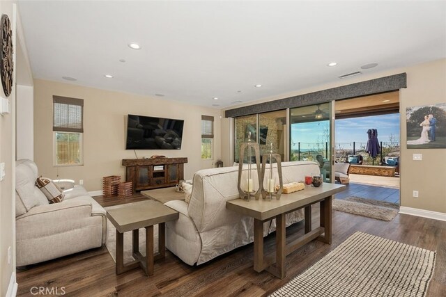 living room featuring dark hardwood / wood-style flooring and a wealth of natural light