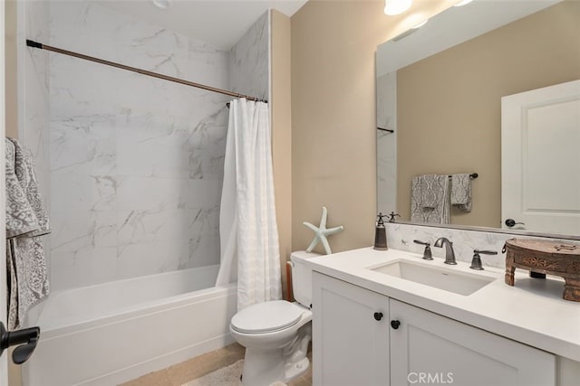 full bathroom with tile patterned flooring, vanity, shower / bath combination with curtain, and toilet