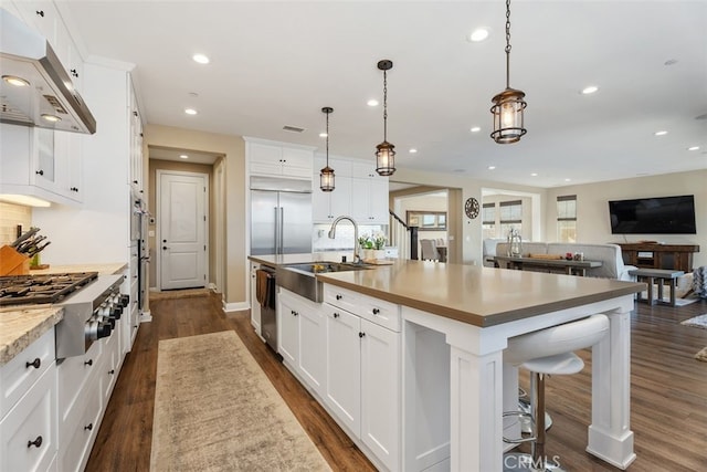 kitchen with dark wood-type flooring, a sink, appliances with stainless steel finishes, range hood, and a large island with sink