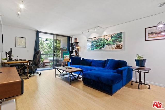 living room featuring track lighting, a wall of windows, and wood-type flooring