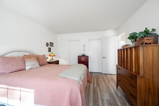 bedroom with multiple closets and hardwood / wood-style floors