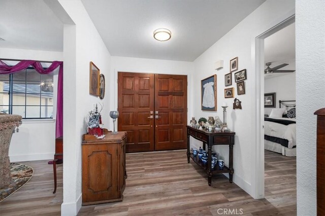 entryway with ceiling fan and wood-type flooring