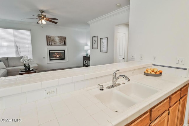 bathroom with ceiling fan, sink, and crown molding