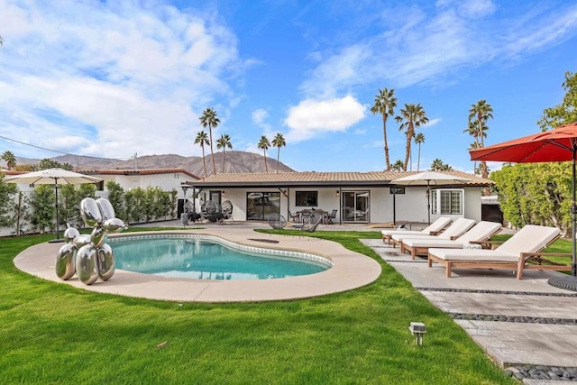 view of pool featuring a patio area and a yard